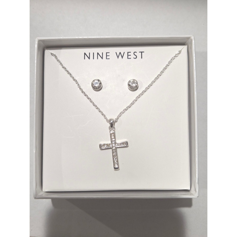 Nine West Silver Tone Crystal Cross Necklace and Stud Earring Jewelry Set